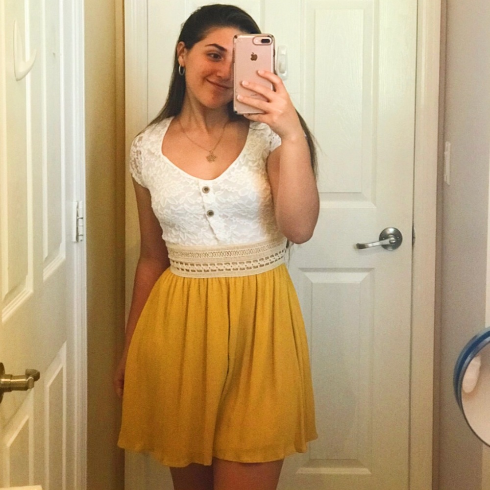 Lace Fit and Flare Yellow and White Dress